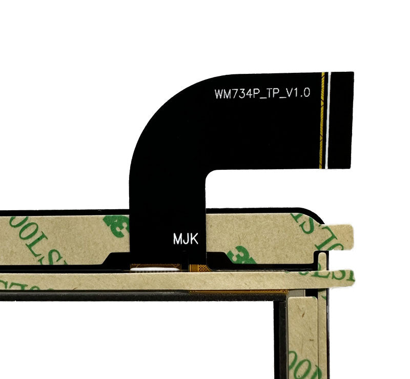 Close-up view of the internal flex cable showing WM734P_TP_V1.0 printed text to verify pin configuration and version