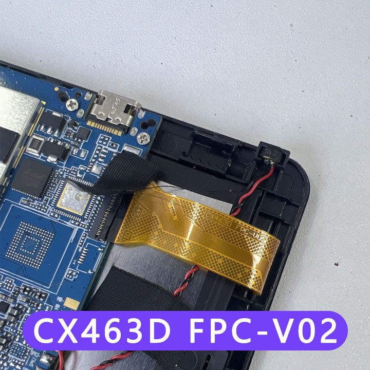Close-up view of the internal flex cable showing the CX463D code to verify connector pins and hardware version